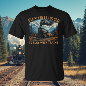 Camiseta Retro I'll Never Be Too Old To Play With Trains para adultos, unisex, negra - Product Image 3