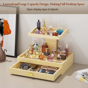 Étagère de rangement surélevée à 2 niveaux en bois de pin pour parfums, avec tiroirs, présentoir multifonctionnel pour femme et homme - Product Image 6