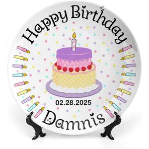 Plato de Cerámica Personalizado de Feliz Cumpleaños con Nombre y Fecha, Plato para Pastel con Soporte, Suministros Decorativos para Servir Pastel, Hecho en China - Product Image 1