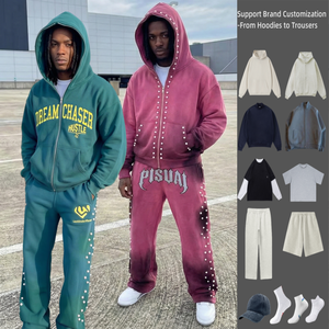 Conjunto Deportivo Personalizado de Fabricante, Sudadera con Capucha Holgada y Pantalones Deportivos con Cremallera, 460 g/m², con Pedrería, para Ropa Urbana, Modelo TKAN572 - Product Image 1