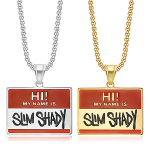 Colliers pendentifs Hip Hop « Hi My Name Is Slim Shady » en acier inoxydable, plaqué or 18 carats, pour hommes et femmes, vente en gros - Product Image 1