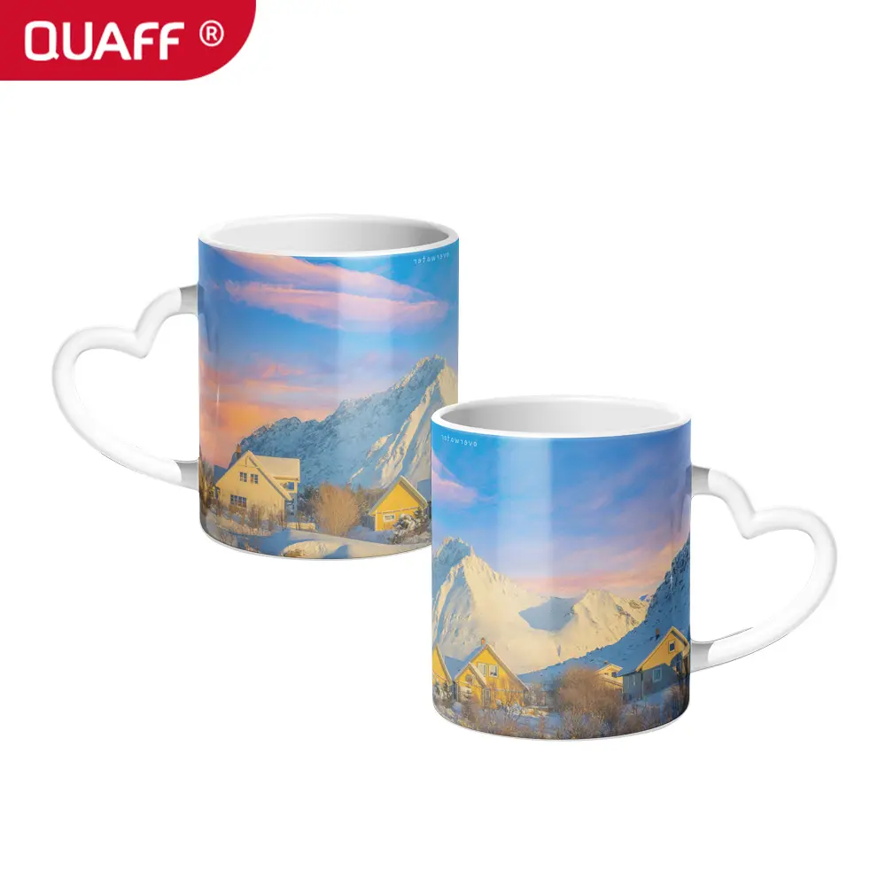 QUAFF Großhandel Sublimationsbecher Kaffeebecher mit Herzgriff weißer Becher 11 Unzen individuelles Logo