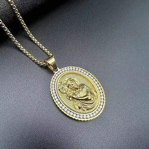 Yunnique Stainless Steel Gold Plated Zircon Geometric Pave Setting Jesus Saint Pendant Necklace Chain for Men Women Gift Fashion - Product Image 3