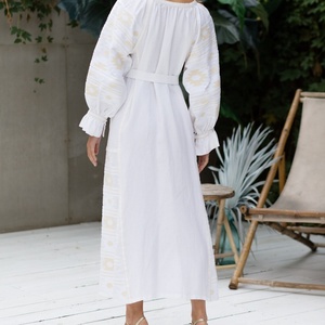 Elegante Vestido de Lino y Algodón Personalizable con Cuello en V, Estilo Casual, Corte en A, Mangas Abullonadas, Midi, Vestido de Verano para Mujer - Product Image 2