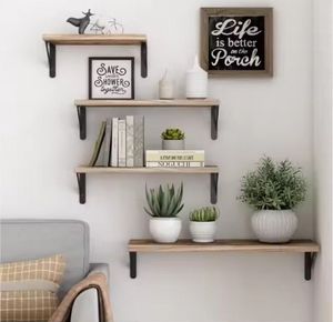 طقم من 4 أرفف خشبية منحوتة للتعليق على الحائط للتخزين والعرض، رف حمام متعدد الوظائف لتخزين الحقائب لغرفة المعيشة - Product Image 5