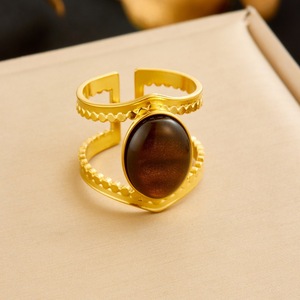 Elegant Court Style Wide Opening Adjustable Oval Tiger Eye Stone Gold Plated Ring Unisex Party Jewelry - Product Image 1