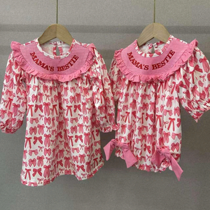 Précommande MAMAS BESTIE Coquette arcs rose <span class=keywords><strong>petites</strong></span> filles tenues bébé smocké bulle barboteuse soeur correspond bébé vêtements nouveau Design - Product Image 1