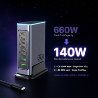 Chargeur GaN 660W pour ordinateur portable, station de charge de bureau 8 ports USB-C PD 3.0 100W, chargeur rapide 6 USB-C 2 USB-A pour appareils électriques