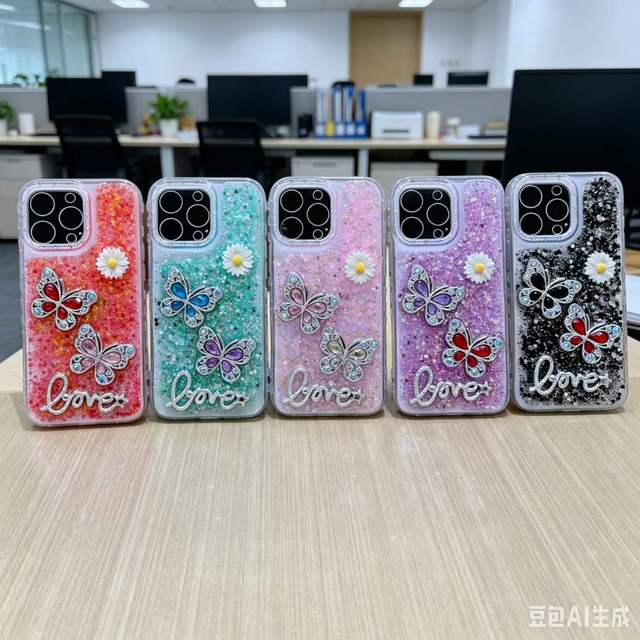 Cute Sparkly Liquid Glitter Butterfly Floral Phone Case for iPhone 12 13 14 15 16 17 Pro Max Transparent Protective Cover