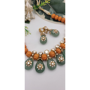 Neelmani Jewels Ethnic Bridal Wedding Statement Set Features Handcrafted Polki Diamonds Orange Flower-Shaped Beads Green - Product Image 1