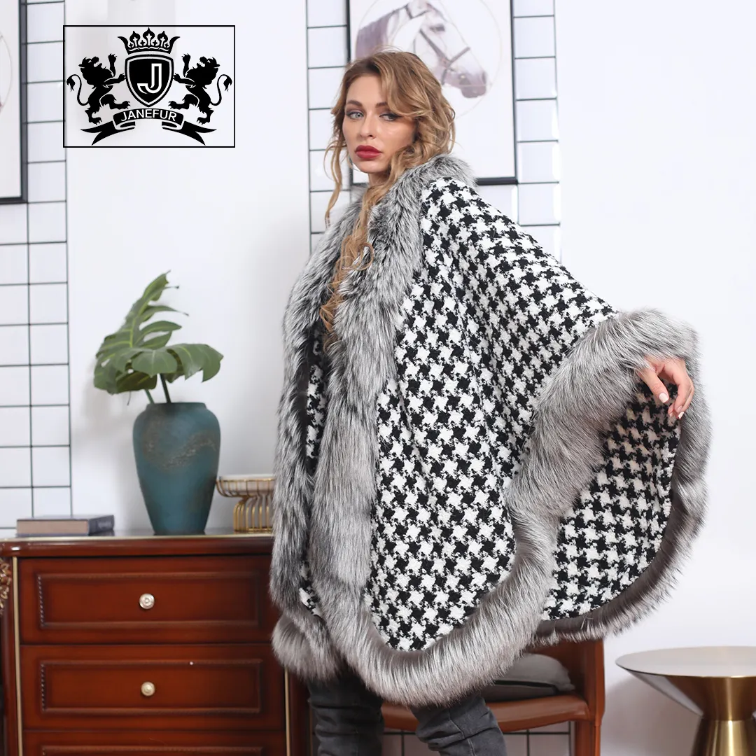 Fashion Style Winter Warm Women Real Fox Fur Cashmere Wool Fur Trimmed Shawl