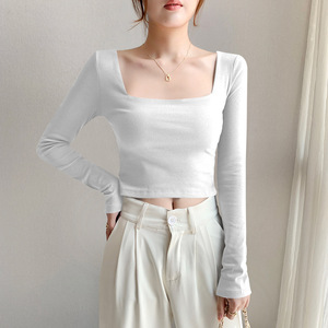 Haut court pour femme en maille respirante, coupe ajustée, col rond, manches longues, 95% coton 5% élasthanne, style streetwear uni - Product Image 1