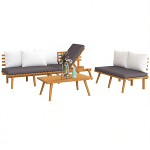 Ensemble salon de jardin en teck 4 places, mobilier d'extérieur moderne du milieu du siècle avec coussins gris foncé et oreillers blancs - Product Image 1