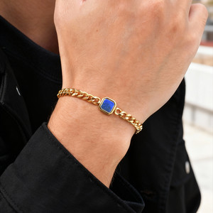 Pulsera de Cadena Cubana de Acero Inoxidable 316L para Hombre, Oro de 18K, Ojo de Tigre, Lapislázuli, Piedra Acrílica Negra, Joyería - Product Image 2