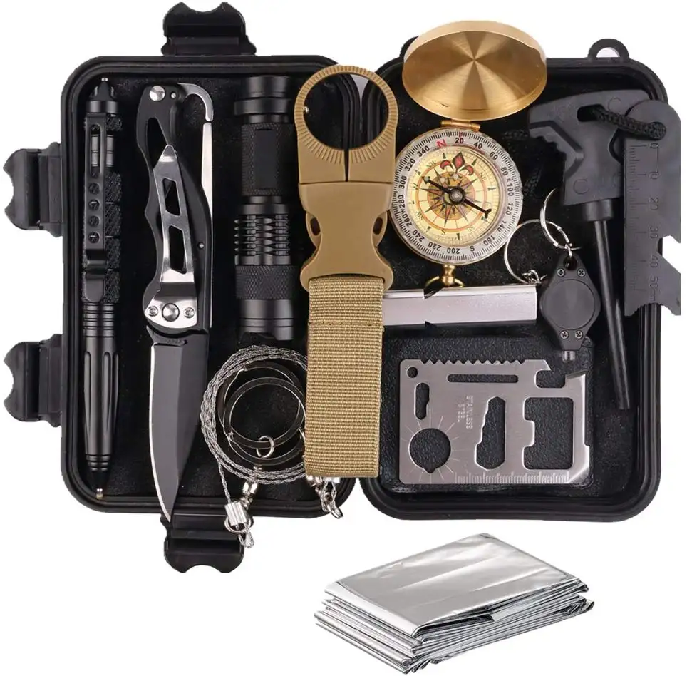 Survival Gear Kits 13 in 1 Outdoor Emergency SOS Survive Tool for Wilderness/Trip/Cars/Hiking/Camping