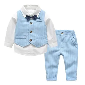 Kid Boy Gentleman Clothes Suit Autumn Party Sky Blue Vest camicia bianca con fiocco Set di compleanno formale abbigliamento per bambini