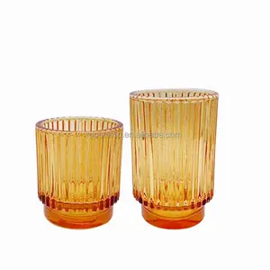 Wholesale Simple fashionable striped shrink bottom glass candles jars with lid for candle making