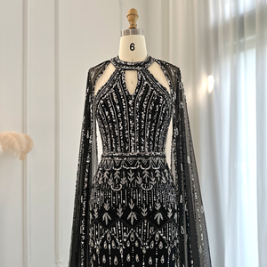 ASA-SS63高級クリスタルビーズロングケープウエディングドレスブラックキーホールイブニングガウン女性用 - Product Image 6