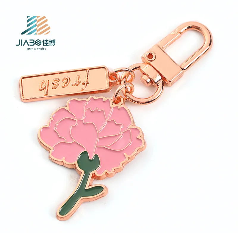 Fashion Personalized Rose Gold Plated Carnation Flower Cute Cartoon Hard Soft Enamel Keychain With Metal Tag