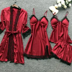 Robes de mariée en soie victoriennes, vêtements de nuit Sexy en Satin pour femmes, chemise de nuit 4 pièces, pyjama de maison