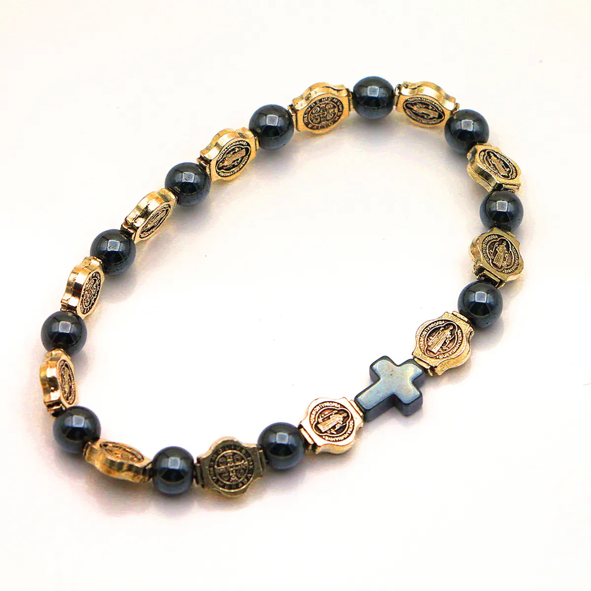 Catholic Rosary Bracelet St. Benedict Medal Cross Prayer Bracelets Hematite Beads Religious Jewelry Accessories