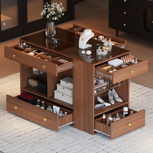 Wholesale Closet Island with 6 Drawers, <b>Walnut</b> Bedroom Wardrobe Armoire with Glass Top & Open <b>Shelves</b> for Jewelry Storage - Product Image 6