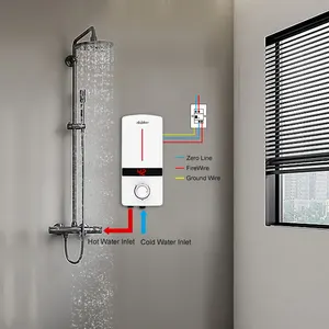 Pemanas Air Tanpa Tangki, Pemanas Air Elektrik Instan Elektrik Kamar Mandi Geyser Disetujui CE Display LED Mini 5,5kw 220-240V