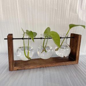 NEW Plant Terrariums Kit Tabletop Hydroponics Air Planter Holder With Glass Vase Metal Wood Swivel Stand for Home Office Decor - Product Image 1