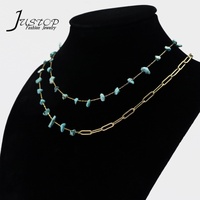 Collier ras du cou unisexe délicat à maillons géométriques avec perles de turquoise irrégulières, breloques en acier inoxydable plaqué rhodium, écologique