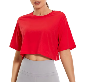 Women <b>Red</b> <b>Crop</b> <b>Top</b> Short Sleeve O Neck Loose Fit Solid Color Casual Quick Dry Knitted T-Shirt Spring Summer Wear - Product Image 2