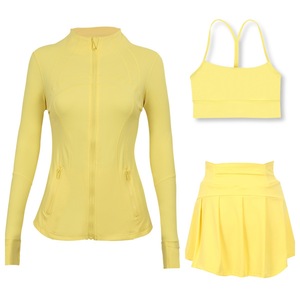 Wholesale 3pcs Yoga Set S-3XL Stand up Collar Zip-up <b>Jacket</b> for <b>Women</b> Sports Bra Tennis Skirt Gym Workout Jogger Sportswear Set - Product Image 1