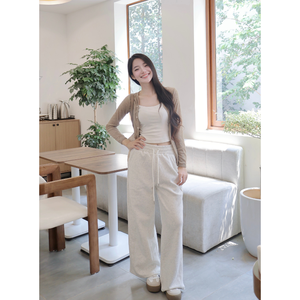 Prix le plus bas pantalon en molleton à jambe large pour femme avec cordon de serrage élastique taille haute-pantalon en molleton à coupe droite prix de gros - Product Image 4