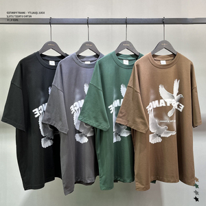 2024 타이드 230G 더블 원사 면 평화 비둘기 인쇄 반소매 티셔츠 느슨한 남자의 면 탑 - Product Image 1