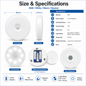 Round Motion Sensor Night <b>Light</b> RGB three-colour dimmable LED night <b>light</b> powered by battery for Bedroom Cabinet Stairway - Product Image 4