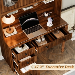 Escritorio Moderno Ecológico y Duradero con Puertos de Carga, Mueble de Oficina con Cajones, Estantería para Libros, Escritorio Ejecutivo para Computadora, MDF para el Hogar - Product Image 4