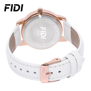 Reloj de cuarzo FIDI para hombre y mujer, diseño clásico minimalista con indicador de fecha, correa de cuero disponible en negro y oro rosa - Product Image 3