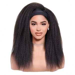 Perruque synthétique longue et bouclée Yaki, style afro kinky straight, bandeau intégré, noir naturel pour femmes, vente en gros - Product Image 1