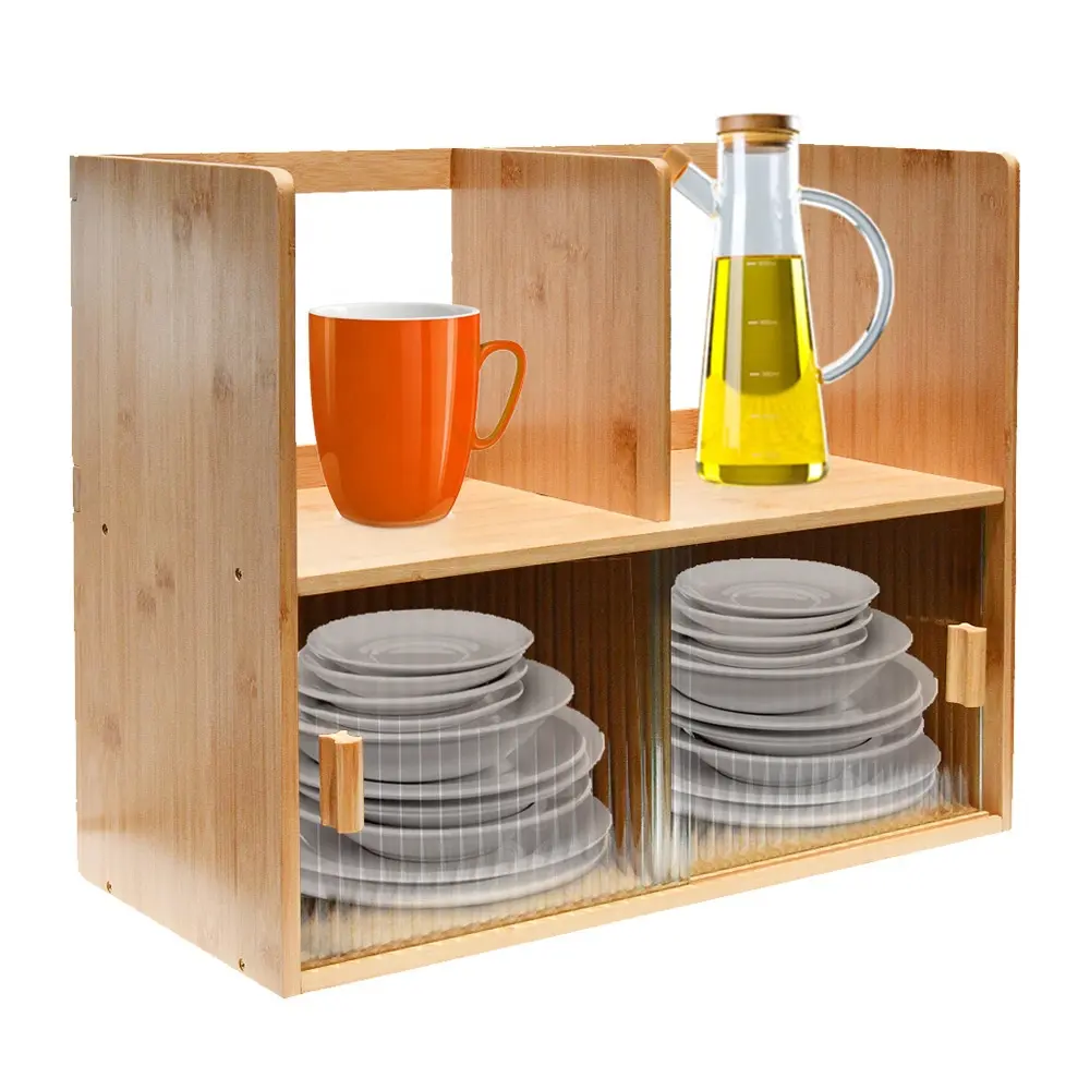 竹製キッチンパントリーサイドボード自立型カウンタートップ収納キャビネット、2つのスライド式ストライプガラスドア付き