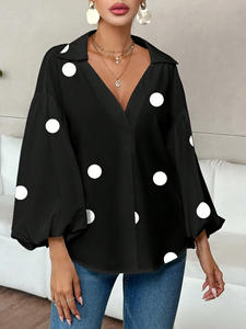 Yaz Dressy Casual Retro bluzlar artı boyutu kadın Polka Dots uzun fener kollu bluz yakalı V boyun gömlekler - Product Image 3