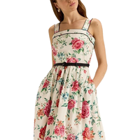 Robe Midi Vintage à Imprimé Floral Rose pour Femme, Bretelles Larges, Ceinture à la Taille, Ourlet Bordé Noir, Robe Décontractée pour les Vacances, Vente en Gros