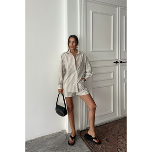 Conjunto de Camisa y Pantalones Cortos a Rayas de Popelina Beige para Mujer, Talla S - Product Image 5