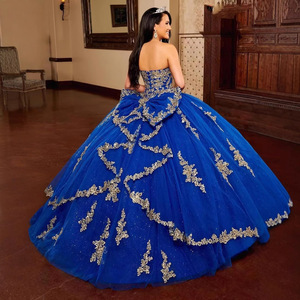 Gold Lace Applique Strapless Tulle Ball Gown Natural Waistline Floral Print Prom Dress Adult - Product Image 2