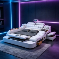 Lit double intelligent haut de gamme Tatami avec fonction massage, projecteur, audio Bluetooth et grand meuble de rangement pour home cinéma