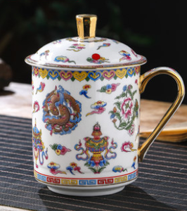 8 tazas y tazas auspiciosas de cerámica para el budismo Tíbet con calcomanía modelada después de una antigüedad con porcelana dorada para agua y té - Product Image 3