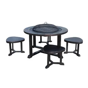 Conjunto de 5 peças de mesa de churrasqueira para churrasco ao ar livre, conjunto moderno de mesa de ardósia com quatro bancos redondos, carvão para uso ao ar livre