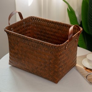 Handcrafted <b>Plant</b> Fiber Storage <b>Basket</b> Rectangle Multifunctional Clothing Organizer <b>For</b> Living Room Neatening With Pu Handles - Product Image 4