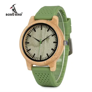 波波鸟dropshipping绿色奢华天然竹子手表手工制作的木制手表与硅胶表带