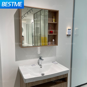 Çin Tarzı Lavabo Dolapları Çok Katmanlı Ahşap + Seramik Lavabo Paslanmaz Çelik Boyasız Su Geçirmez Banyo Dolapları - Product Image 4