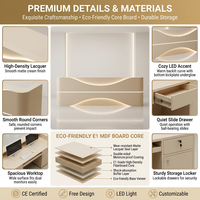 Bureau d'accueil élégant à double découpe ondulée avec éclairage LED, finition brillante en MDF écologique pour salon de beauté, bureau, spa