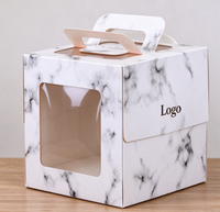 Boîte à gâteau personnalisée avec un nouveau design, biodégradable, de qualité alimentaire, en papier marbré blanc, avec poignée et fenêtre transparente